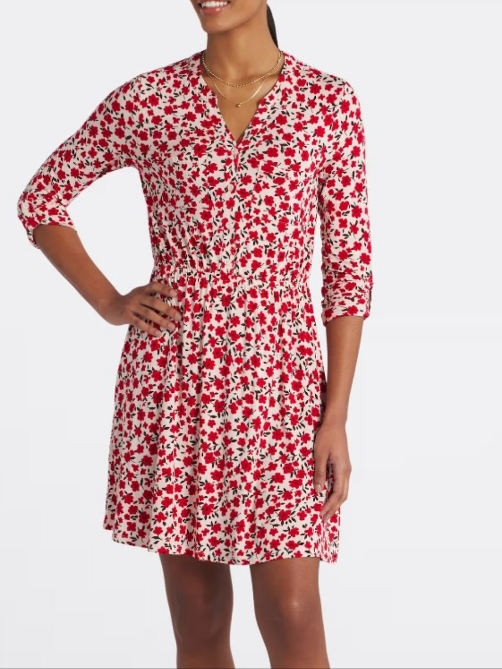 41 Hawthorn Red Floral V-Neck Womens Dress, Size XL